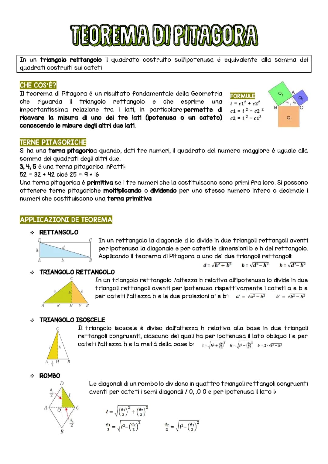 Teorema di Pitagora: Esercizi e Problemi Risolti PDF per Scuola Media