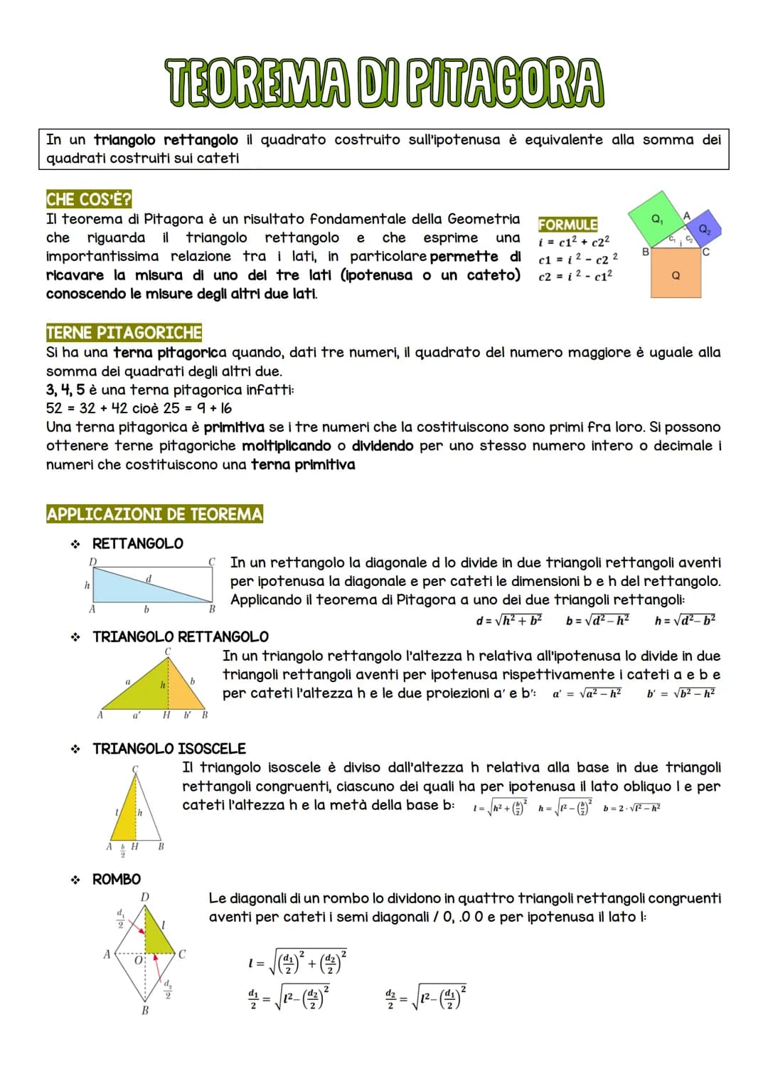 TEOREMA DI PITAGORA
In un triangolo rettangolo il quadrato costruito sull'ipotenusa è equivalente alla somma dei
quadrati costruiti sui cate