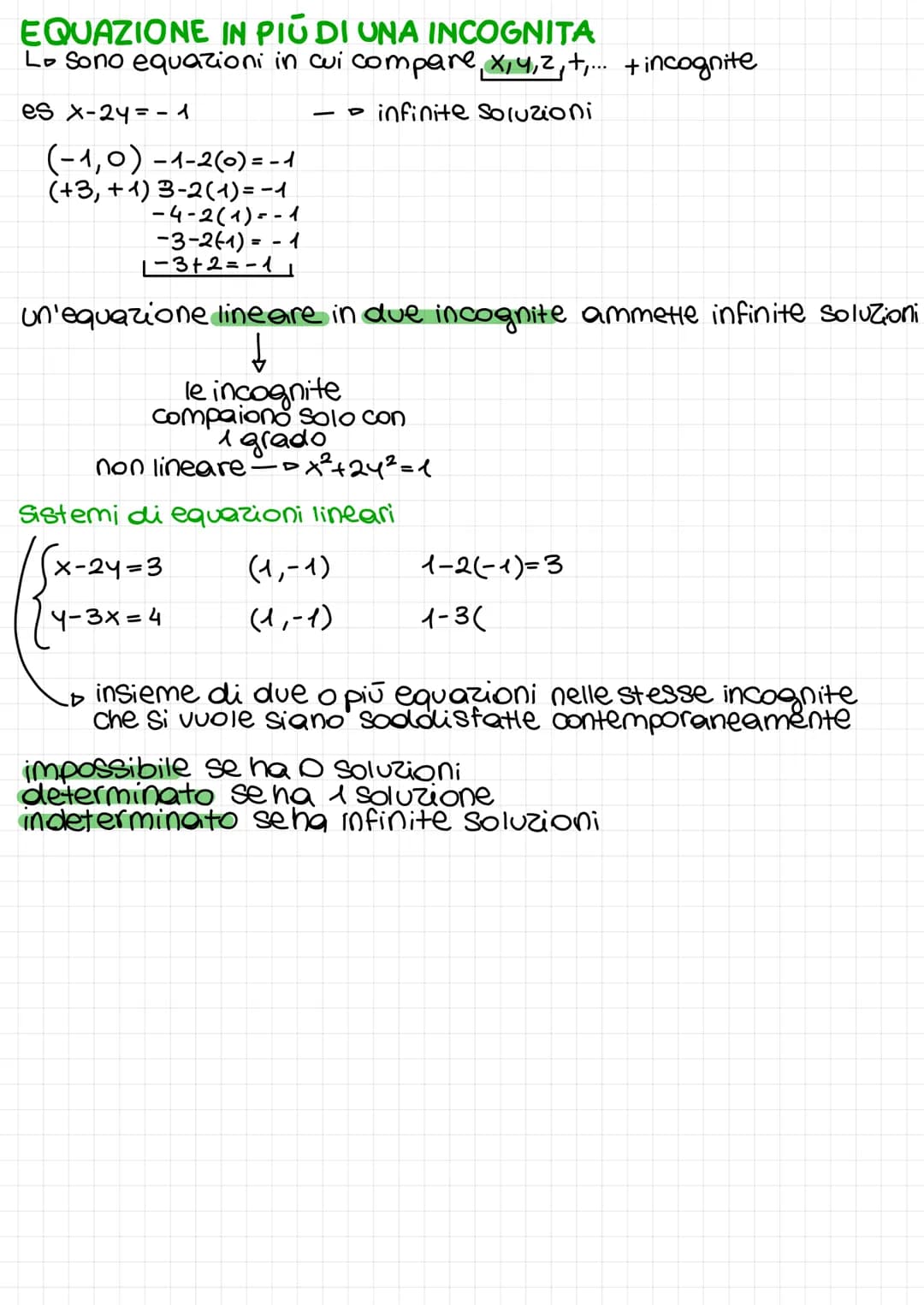 EQUAZIONE IN PIÙ DI UNA INCOGNITA
Lo Sono equazioni in cui compare, x, 4, 2, +,... +incognite
es x-2y=-1
- infinite Soluzioni
(-1,0) -1-2(0)