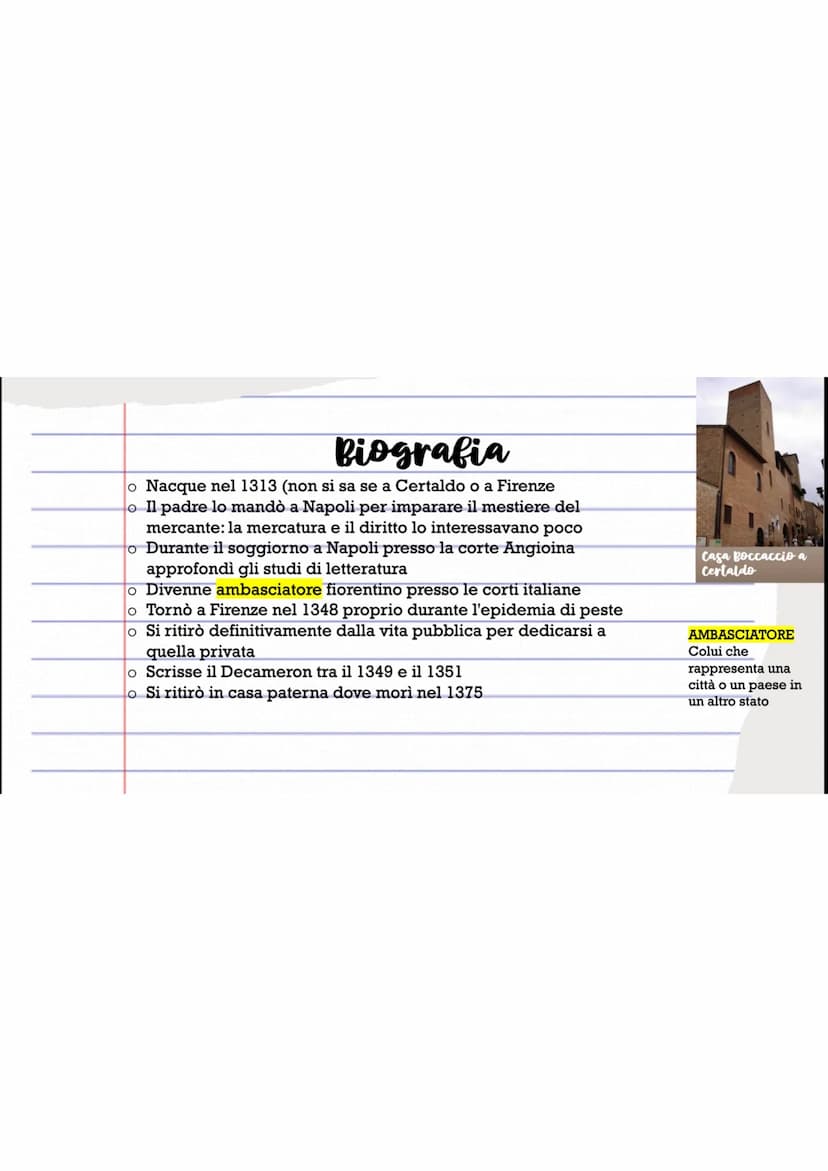 
<h2 id="brevebiografiadigiovanniboccaccio">Breve Biografia di Giovanni Boccaccio</h2>
<p>Giovanni Boccaccio è nato nel 1313, anche se non s