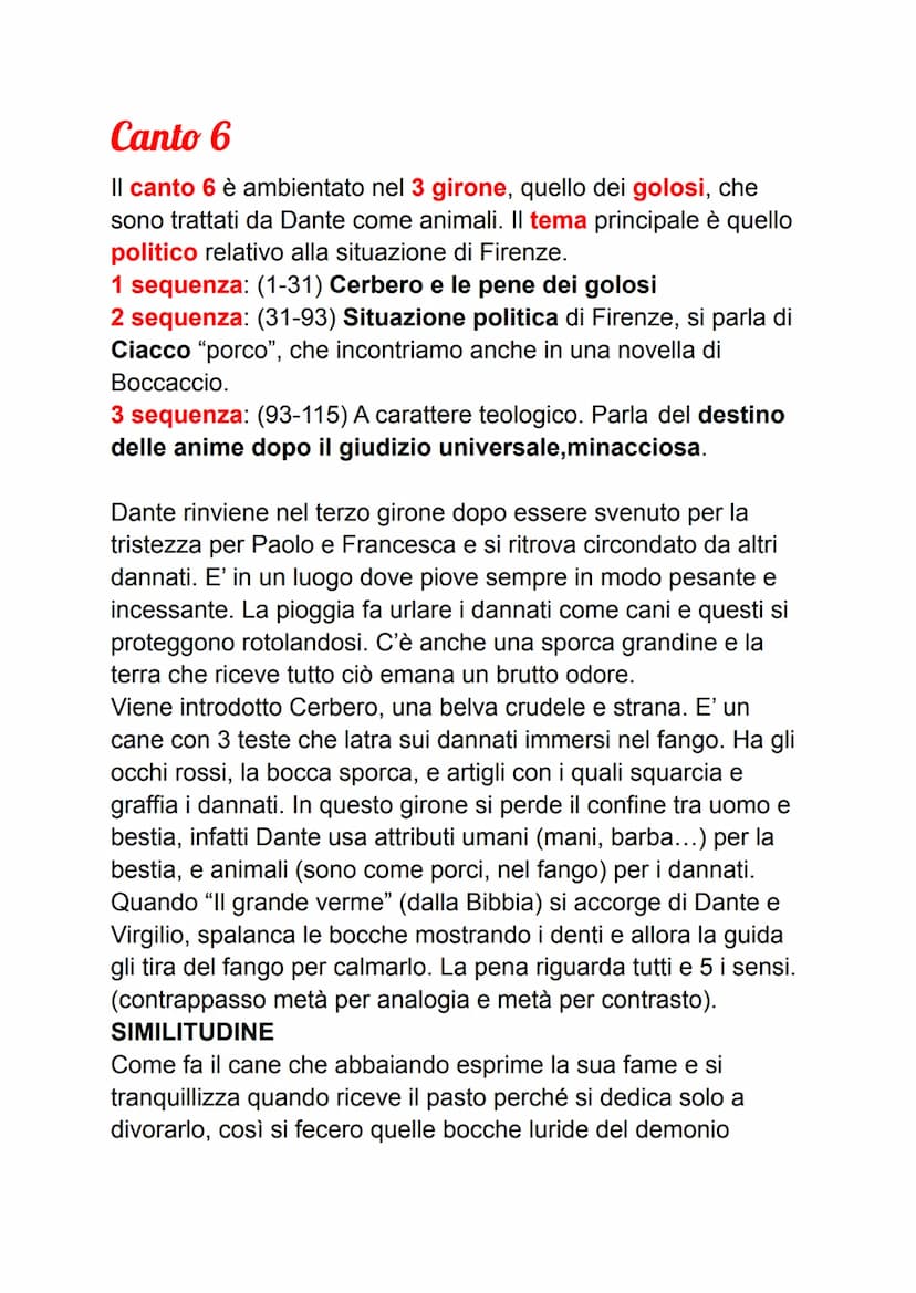 Canto 6
Il canto 6 è ambientato nel 3 girone, quello dei golosi, che
sono trattati da Dante come animali. Il tema principale è quello
politi