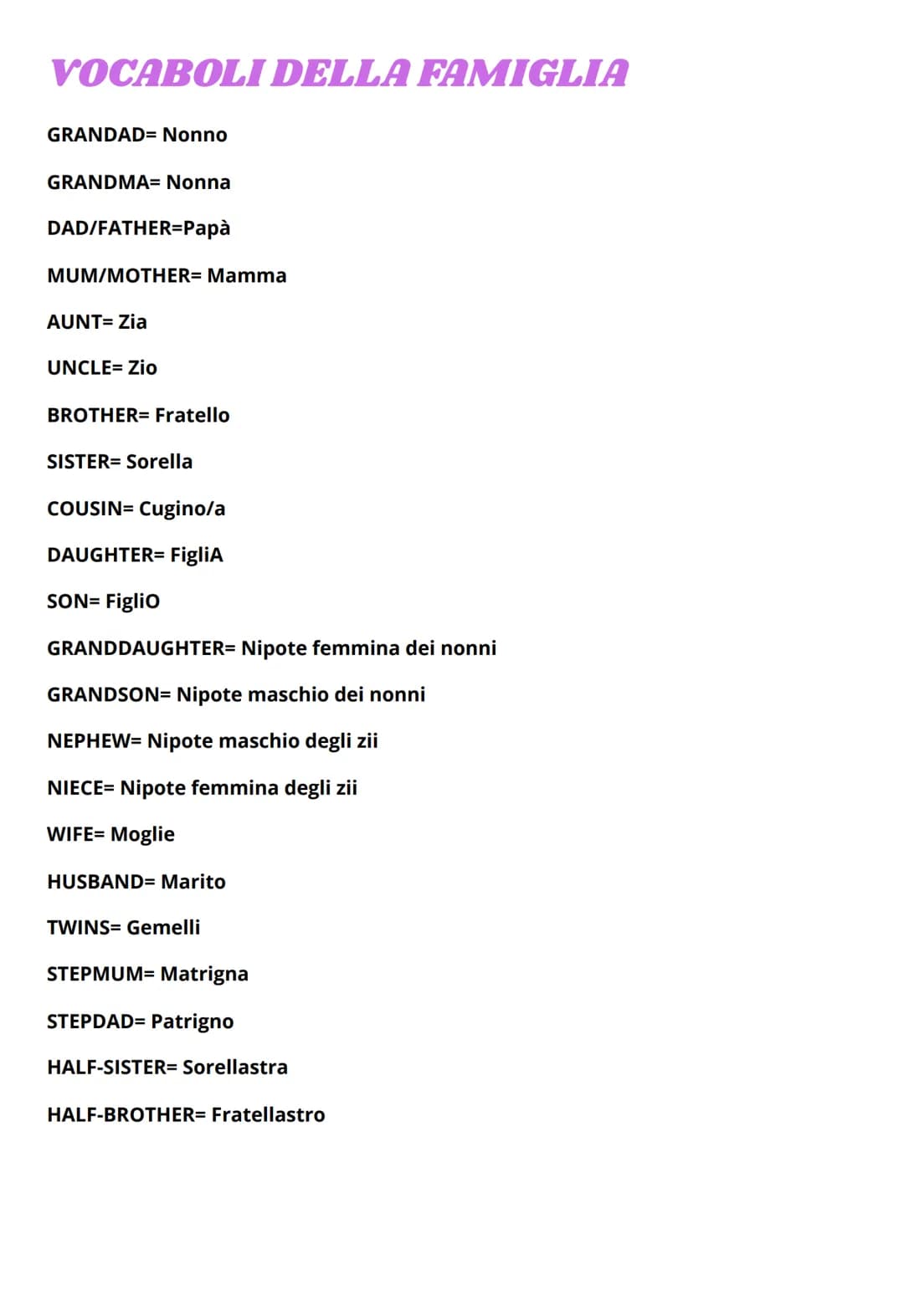 VOCABOLI DELLA FAMIGLIA
GRANDAD= Nonno
GRANDMA= Nonna
DAD/FATHER=Papà
MUM/MOTHER= Mamma
AUNT= Zia
UNCLE= Zio
BROTHER= Fratello
SISTER= Sorel