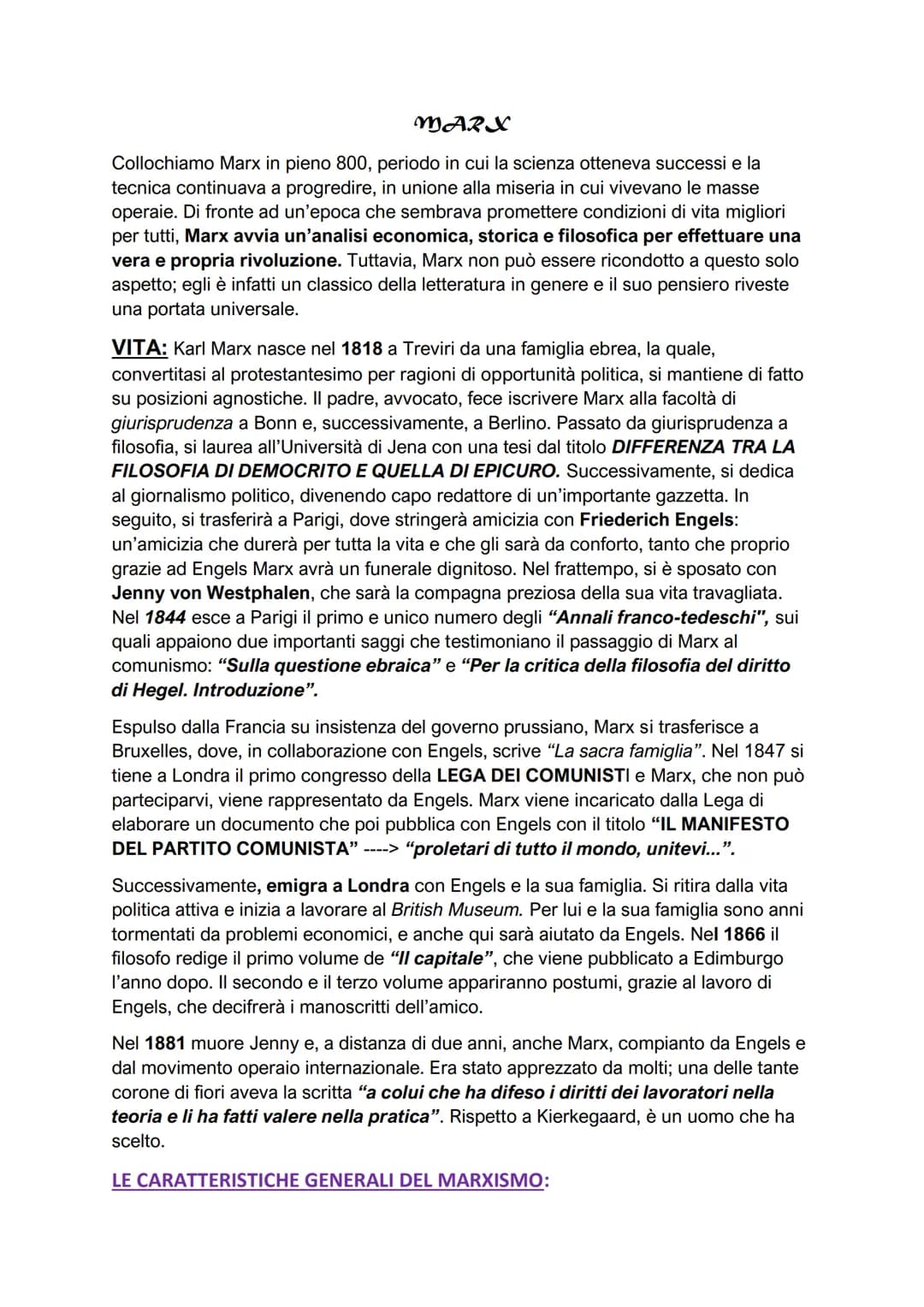 MARX
Collochiamo Marx in pieno 800, periodo in cui la scienza otteneva successi e la
tecnica continuava a progredire, in unione alla miseria