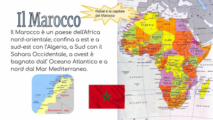 4
2-3
Il Marocco Il Marocco
Il Marocco è un paese dell'Africa
nord-orientale; confina a est e a
sud-est con l'Algeria, a Sud con il
Sahara O