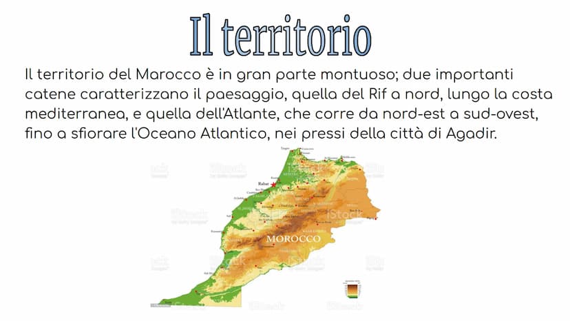 4
2-3
Il Marocco Il Marocco
Il Marocco è un paese dell'Africa
nord-orientale; confina a est e a
sud-est con l'Algeria, a Sud con il
Sahara O