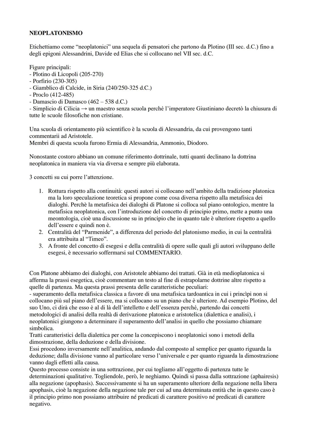 NEOPLATONISMO
Etichettiamo come "neoplatonici" una sequela di pensatori che partono da Plotino (III sec. d.C.) fino a
degli epigoni Alessand