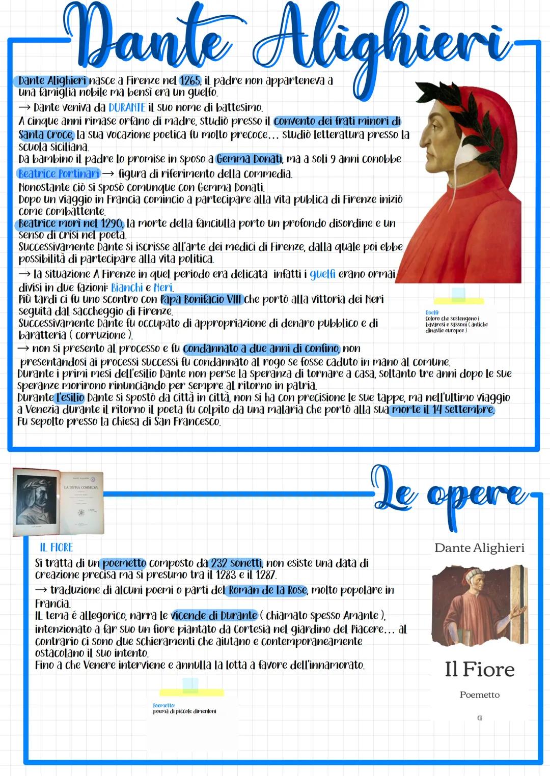  # Dante Alighieri

Dante Alighieri nasce a Firenze nel 1265, il padre non apparteneva a
una famiglia nobile ma bensi era un guelfo.

→ Dant