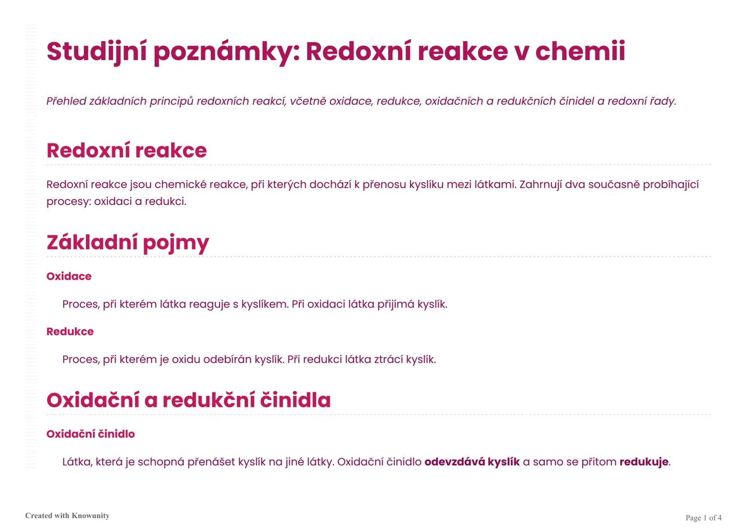 Studijní poznámky: Redoxní reakce v chemii
Přehled základních principů redoxních reakcí, včetně oxidace, redukce, oxidačních a redukčních či