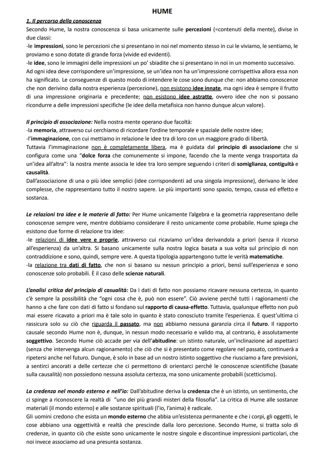 HUME
1. Il percorso della conoscenza
Secondo Hume, la nostra conoscenza si basa unicamente sulle percezioni (=contenuti della mente), divise