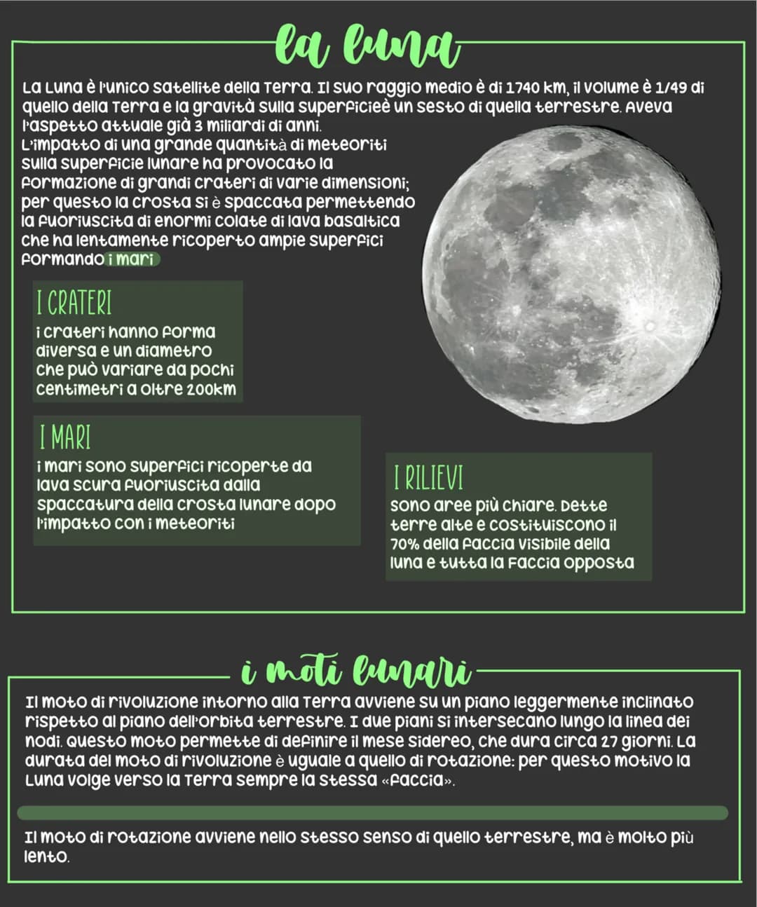 <h2 id="lasuperficieelaformazionedellaluna">La superficie e la formazione della luna</h2>
<p>La Luna è l'unico satellite della Terra, con un