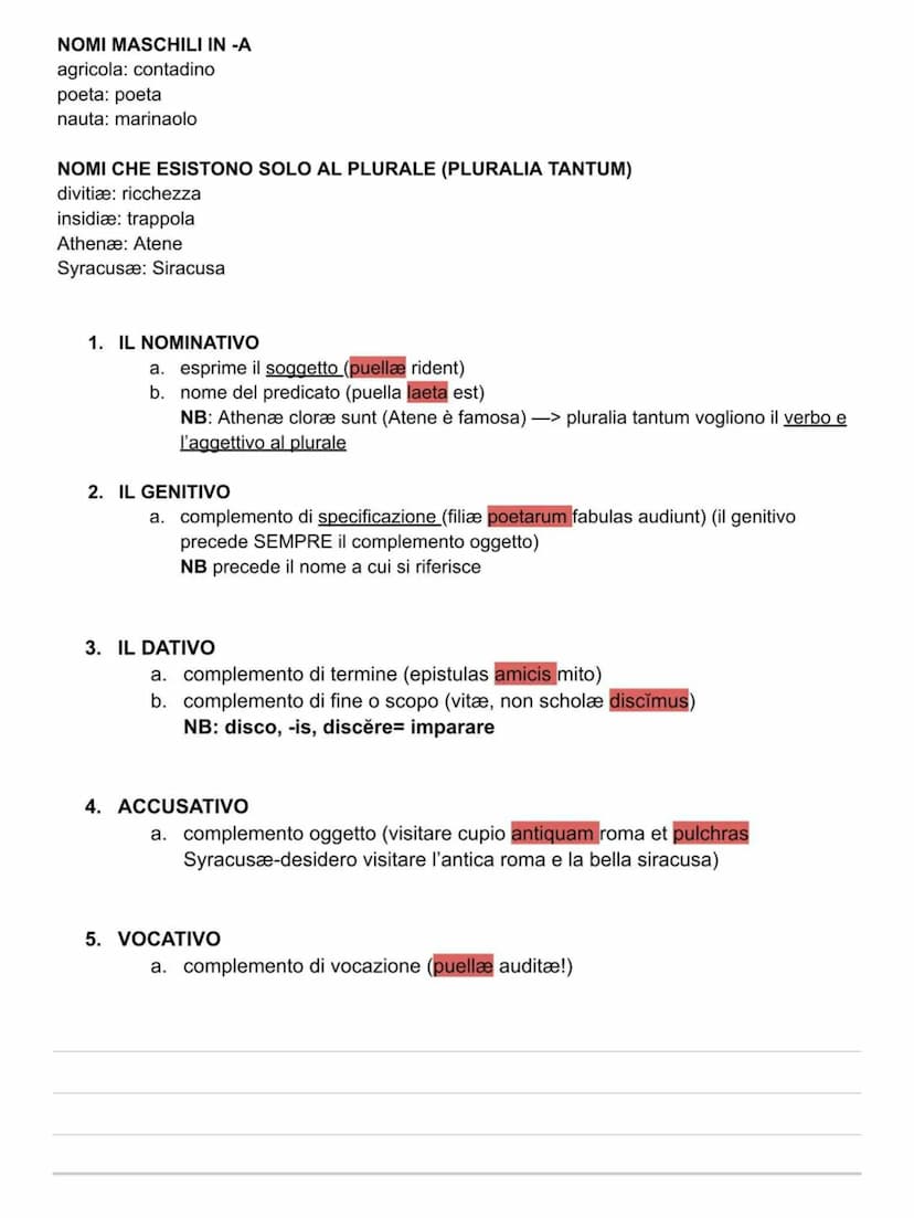 nominativo (soggetto)
genitivo (c specificazione)
dativo (c. termine)
accusativo (c. oggetto)
vocativo (c. vocazione)
ablativo (c. mezzo)
Fl