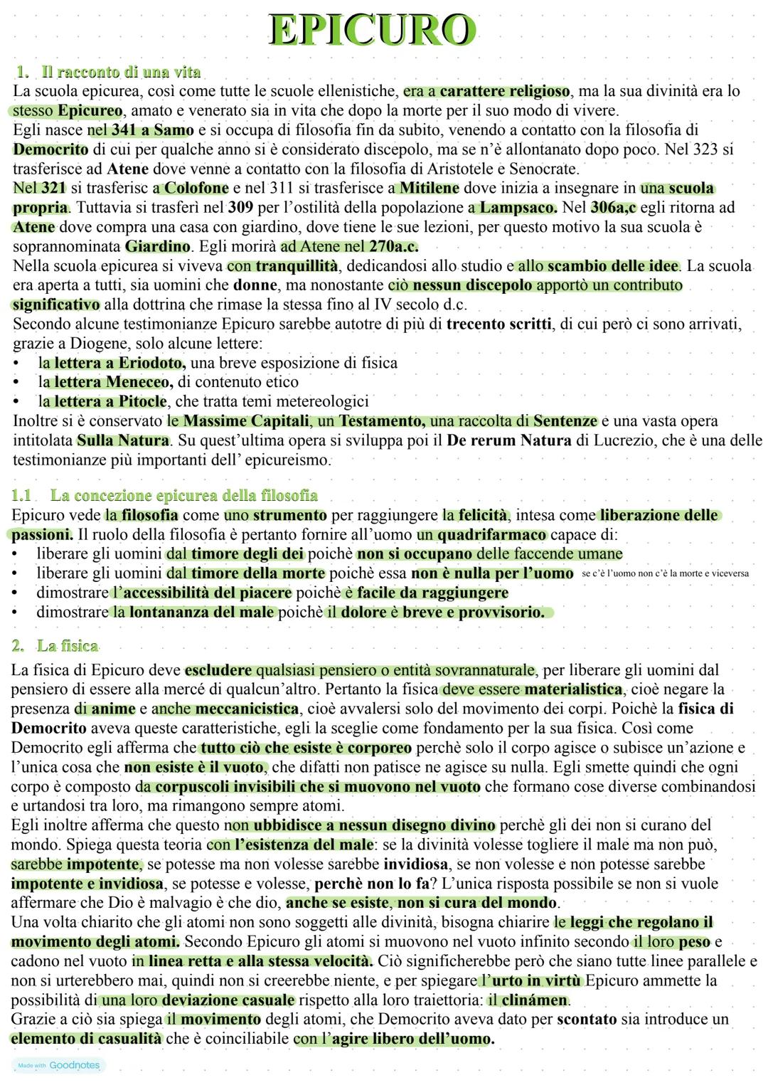 EPICURO
1. Il racconto di una vita
La scuola epicurea, così come tutte le scuole ellenistiche, era a carattere religioso, ma la sua divinità