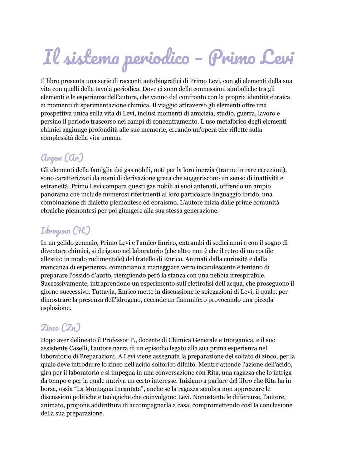 Il sistema periodico - Primo Levi
Il libro presenta una serie di racconti autobiografici di Primo Levi, con gli elementi della sua
vita con 