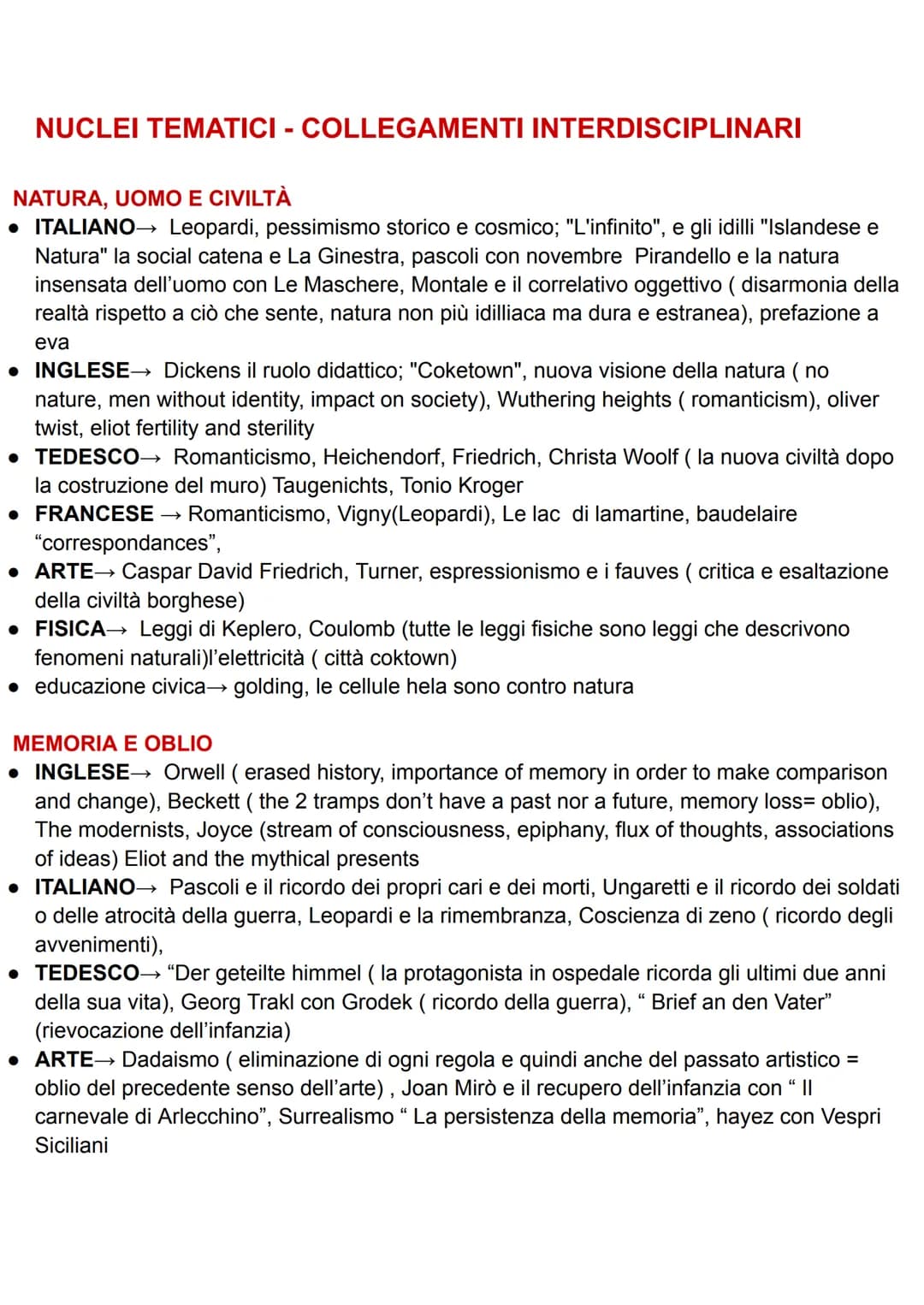 NUCLEI TEMATICI - COLLEGAMENTI INTERDISCIPLINARI
NATURA, UOMO E CIVILTÀ
• ITALIANO→ Leopardi, pessimismo storico e cosmico; "L'infinito", e 