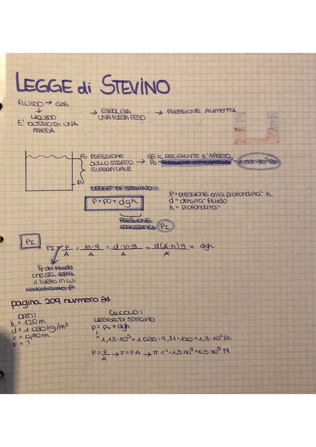 LEGGE di STEVINO
FLUIDO GAS
LIQUIDO
E DOTATO DONA
MASSA
PI
ESERCITA
UNA FODBA PESO
fp del fluido
che sta sopra
il livello in wi
calcoliamo P