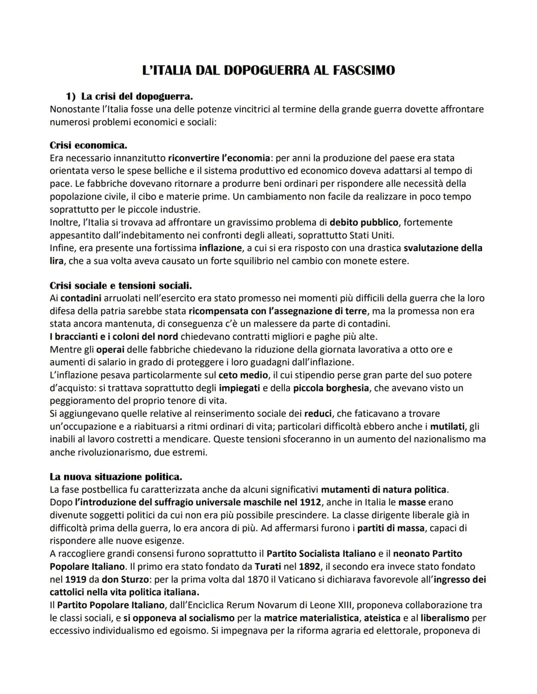 L'Italia dal dopoguerra al Fascismo