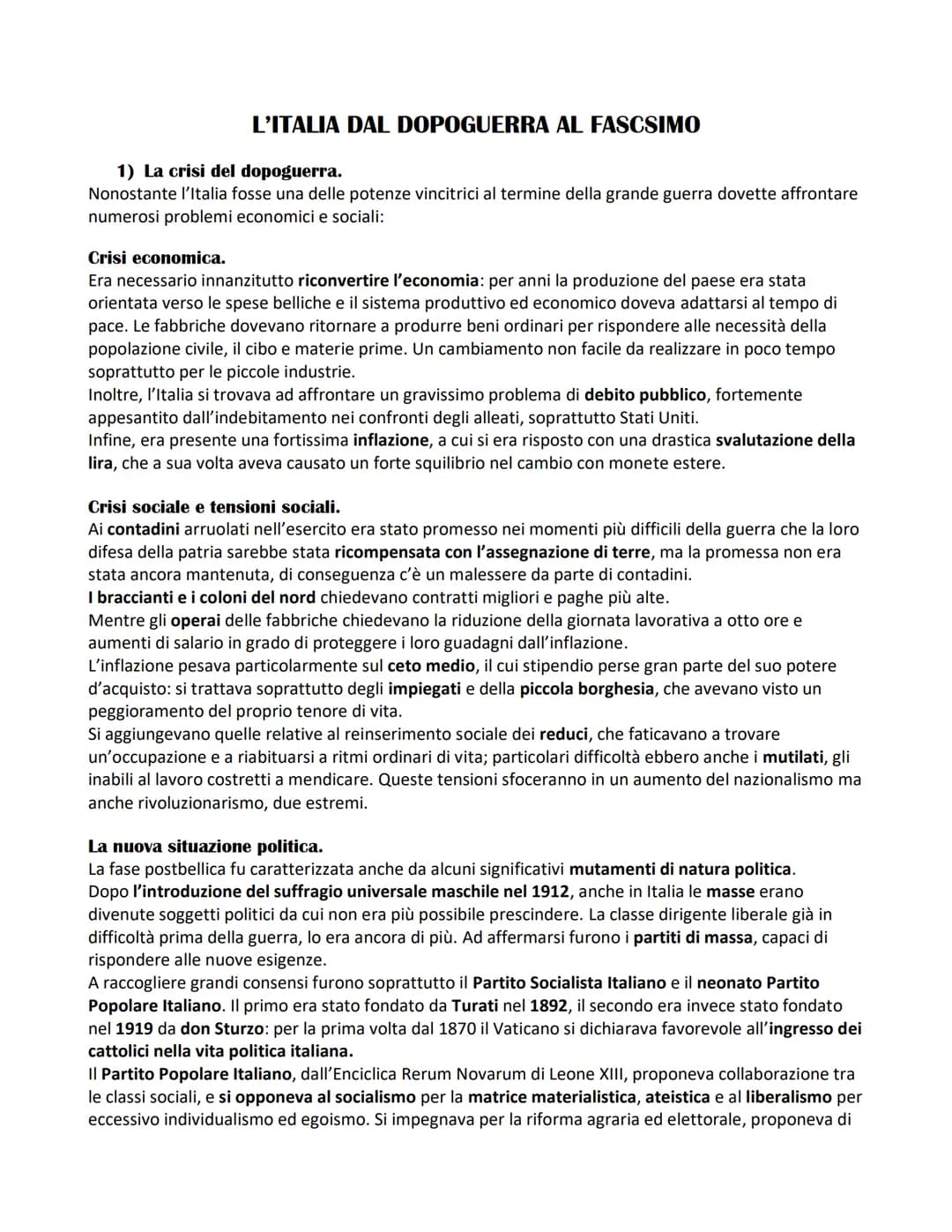 L'ITALIA DAL DOPOGUERRA AL FASCSIMO
1) La crisi del dopoguerra.
Nonostante l'Italia fosse una delle potenze vincitrici al termine della gran