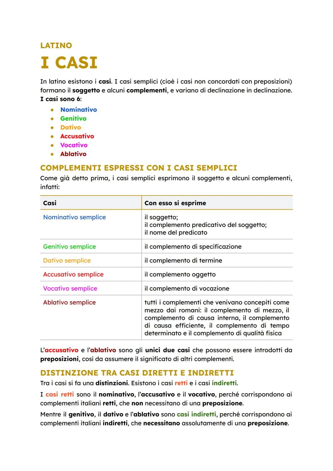 LATINO
I CASI
In latino esistono i casi. I casi semplici (cioè i casi non concordati con preposizioni)
formano il soggetto e alcuni compleme