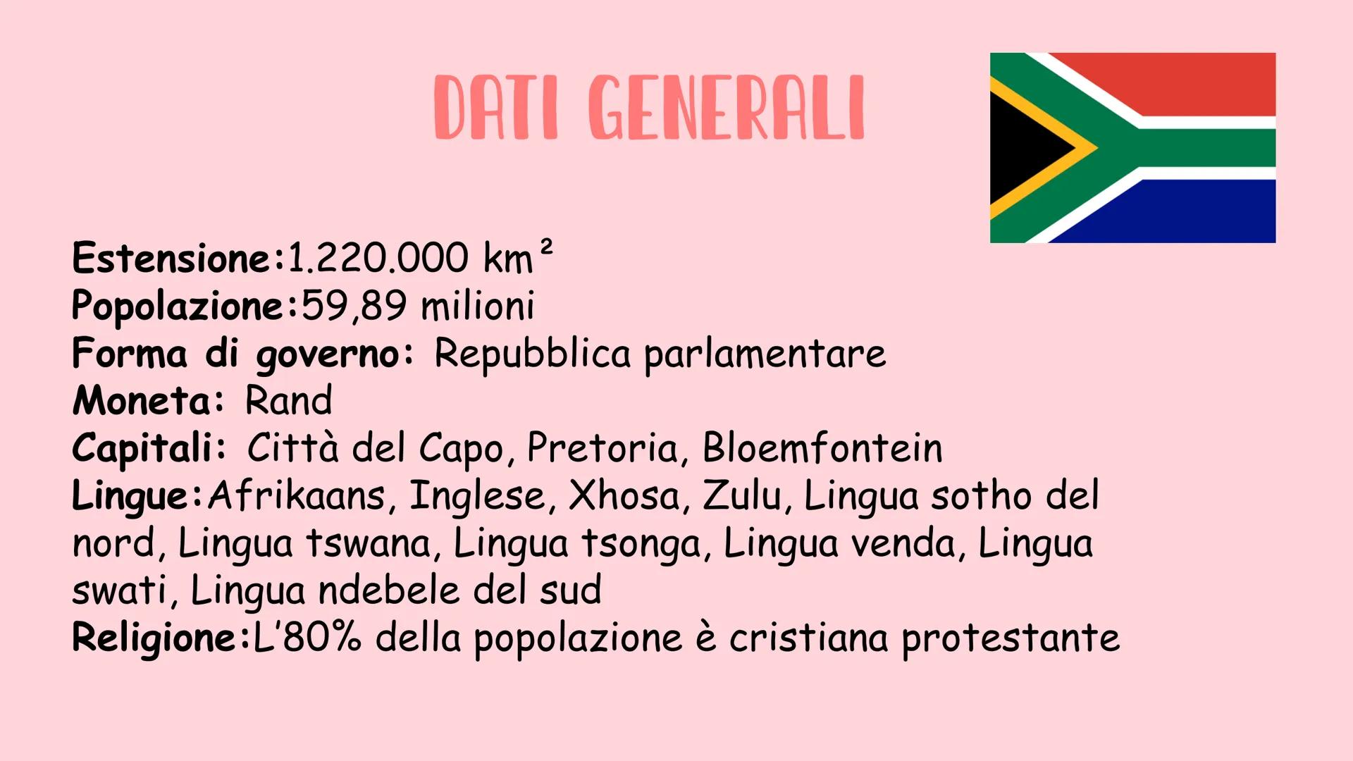 # SUDAFRICA

Francesca Sauchelli Boretto # DATI GENERALI

Estensione: 1.220.000 km²
Popolazione: 59,89 milioni
Forma di governo: Repubblica 