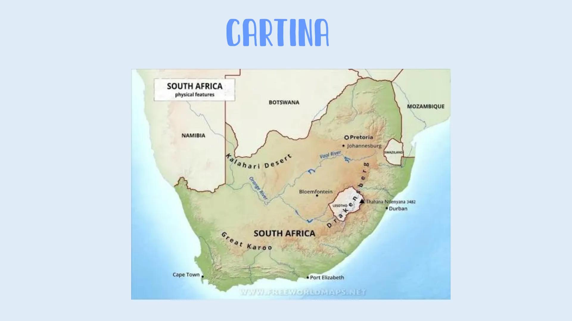 # SUDAFRICA

Francesca Sauchelli Boretto # DATI GENERALI

Estensione: 1.220.000 km²
Popolazione: 59,89 milioni
Forma di governo: Repubblica 