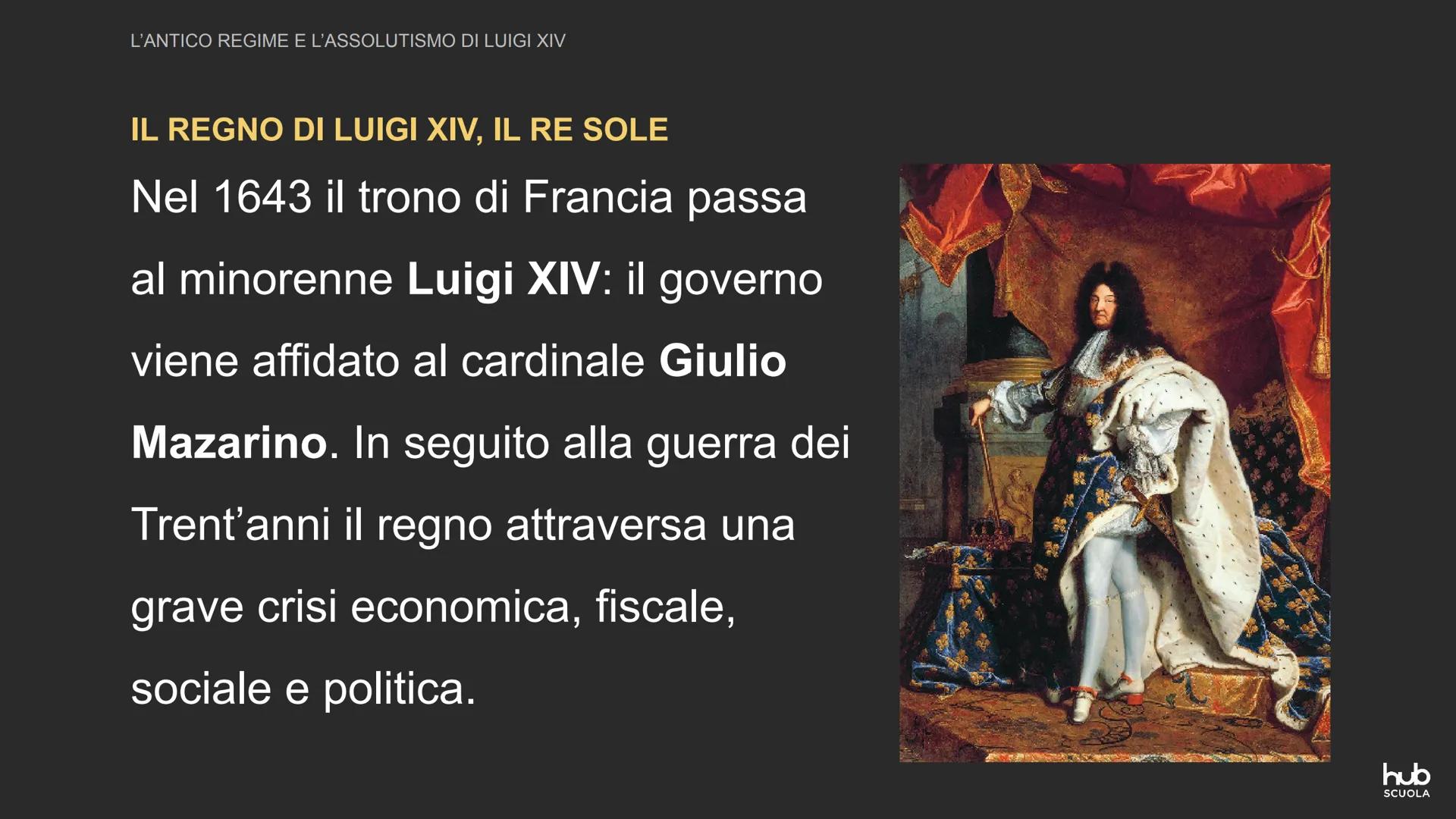 L'ANTICO REGIME E L'ASSOLUTISMO DI LUIGI XIV

IL REGNO DI LUIGI XIV, IL RE SOLE

Nel 1643 il trono di Francia passa
al minorenne Luigi XIV: 
