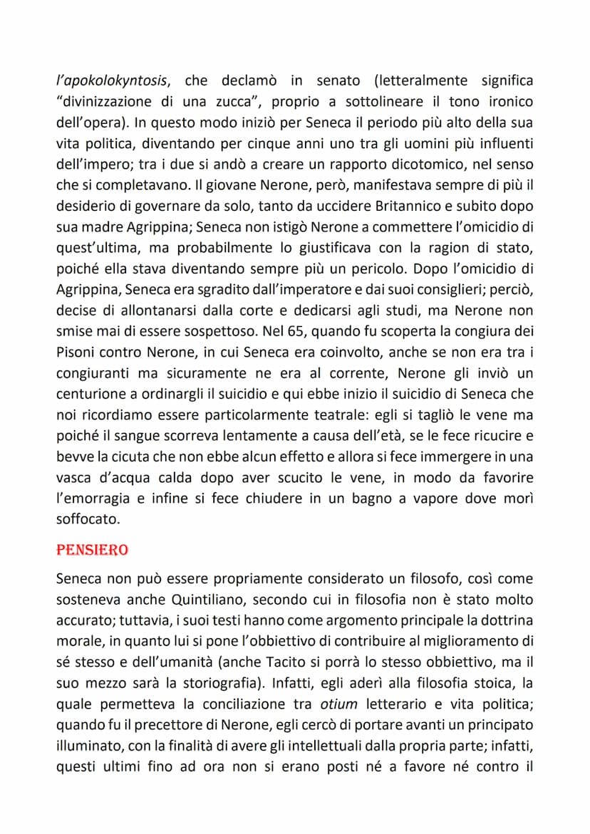SENECA
Quando diciamo che Seneca ha condotto una vita all'insegna della
grandezza ci riferiamo alla fama che Seneca ha in tutta la letteratu