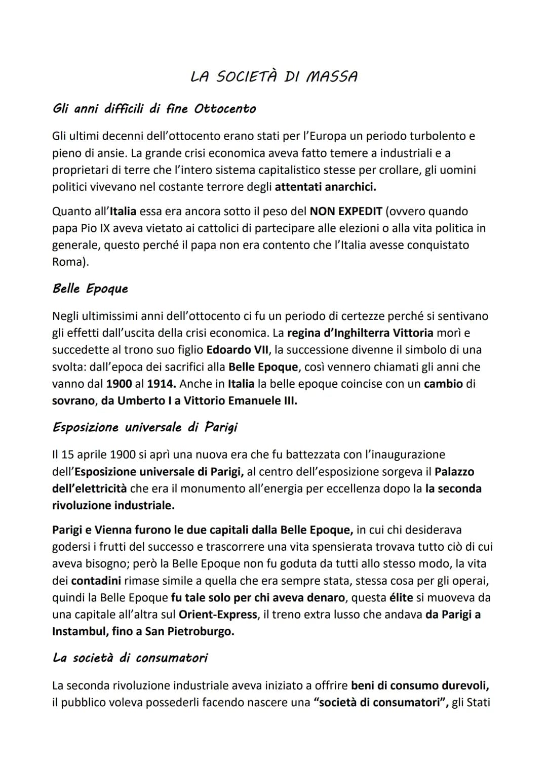 LA SOCIETÀ DI MASSA
Gli anni difficili di fine Ottocento
Gli ultimi decenni dell'ottocento erano stati per l'Europa un periodo turbolento e
