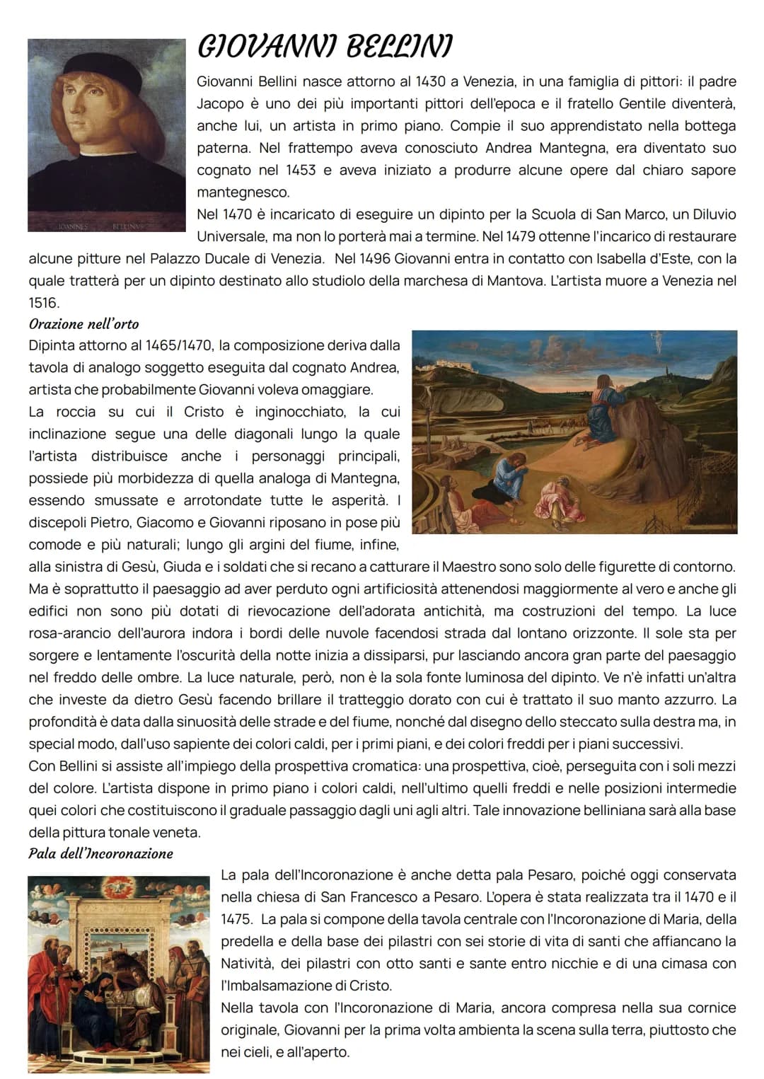 # GIOVANNI BELLINI

Giovanni Bellini nasce attorno al 1430 a Venezia, in una famiglia di pittori: il padre
Jacopo è uno dei più importanti p