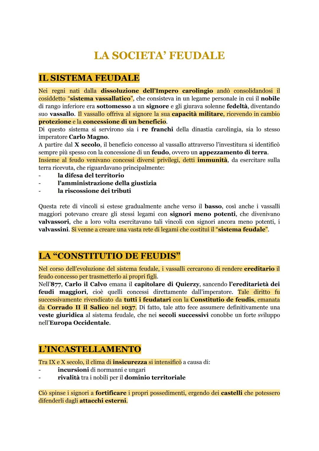 LA SOCIETA' FEUDALE
IL SISTEMA FEUDALE
Nei regni nati dalla dissoluzione dell'Impero carolingio andò consolidandosi il
cosiddetto “sistema v