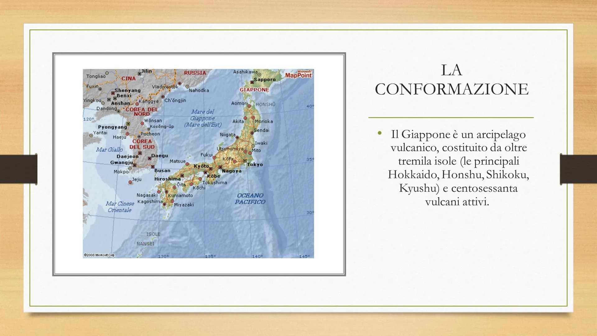 
<p>Il Giappone è un arcipelago vulcanico, costituito da oltre tremila isole. Le principali sono Hokkaido, Honshu, Shikoku e Kyushu e centos