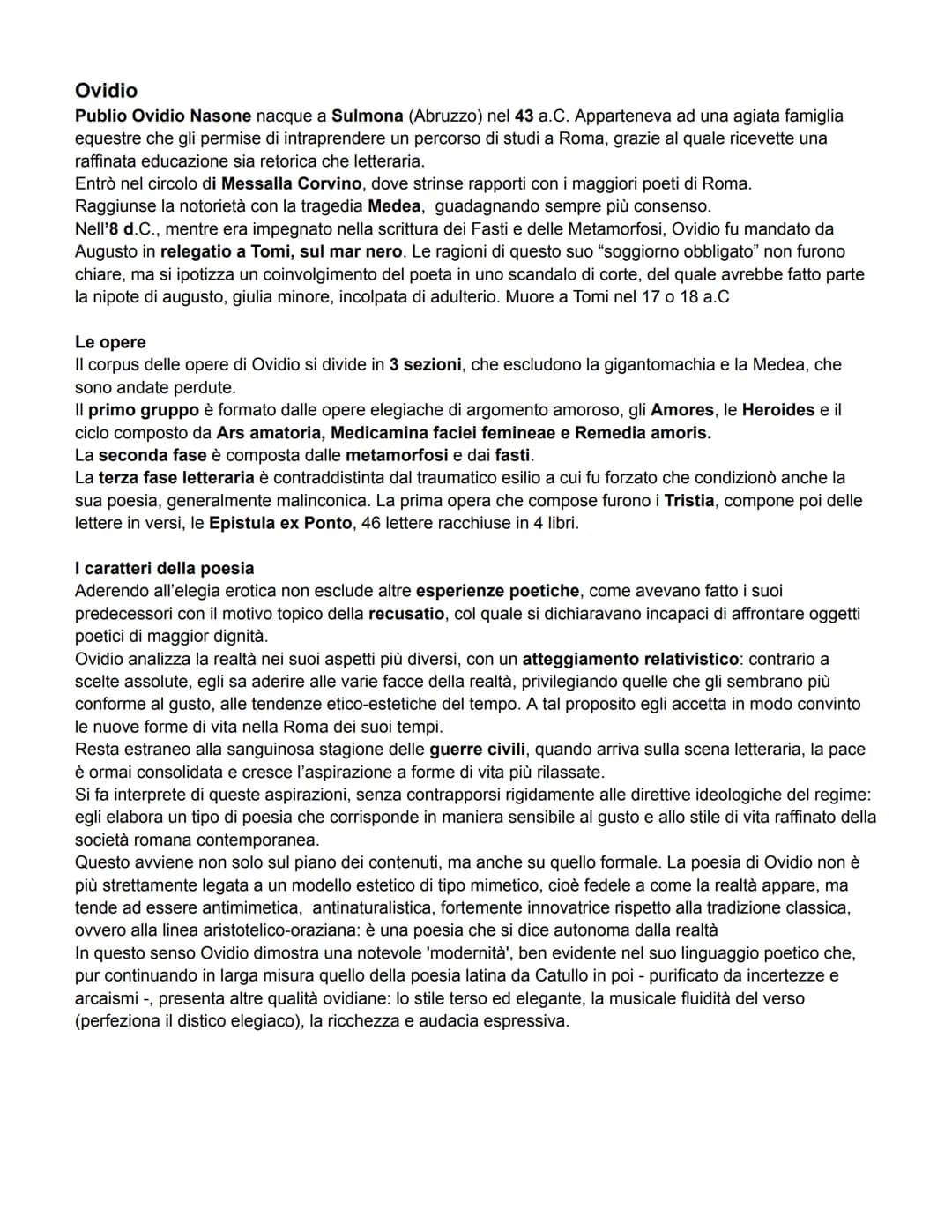 Ovidio
Publio Ovidio Nasone nacque a Sulmona (Abruzzo) nel 43 a.C. Apparteneva ad una agiata famiglia
equestre che gli permise di intraprend