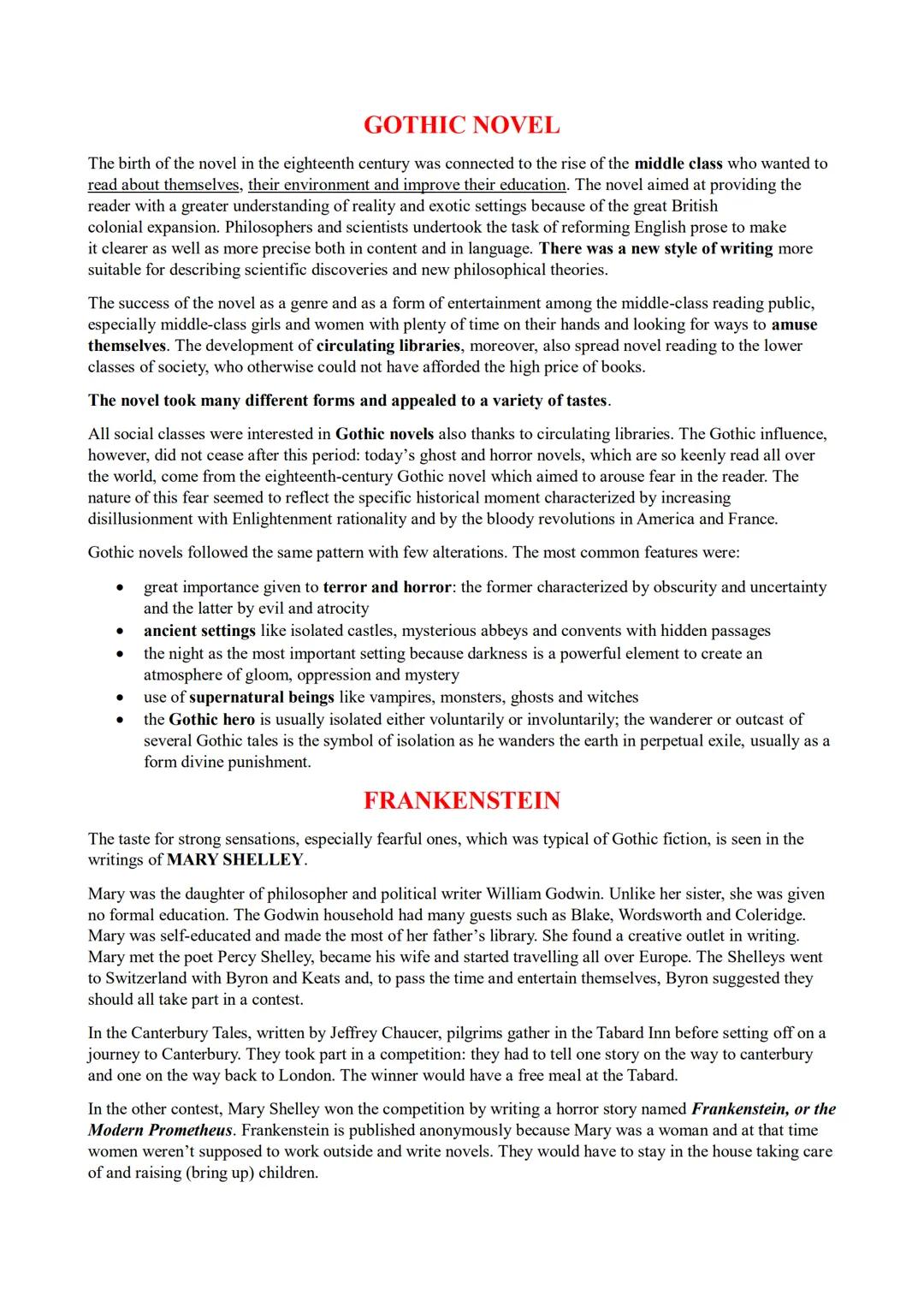 Introduzione alla Gothic Novel e Riassunto di Frankenstein di Mary Shelley