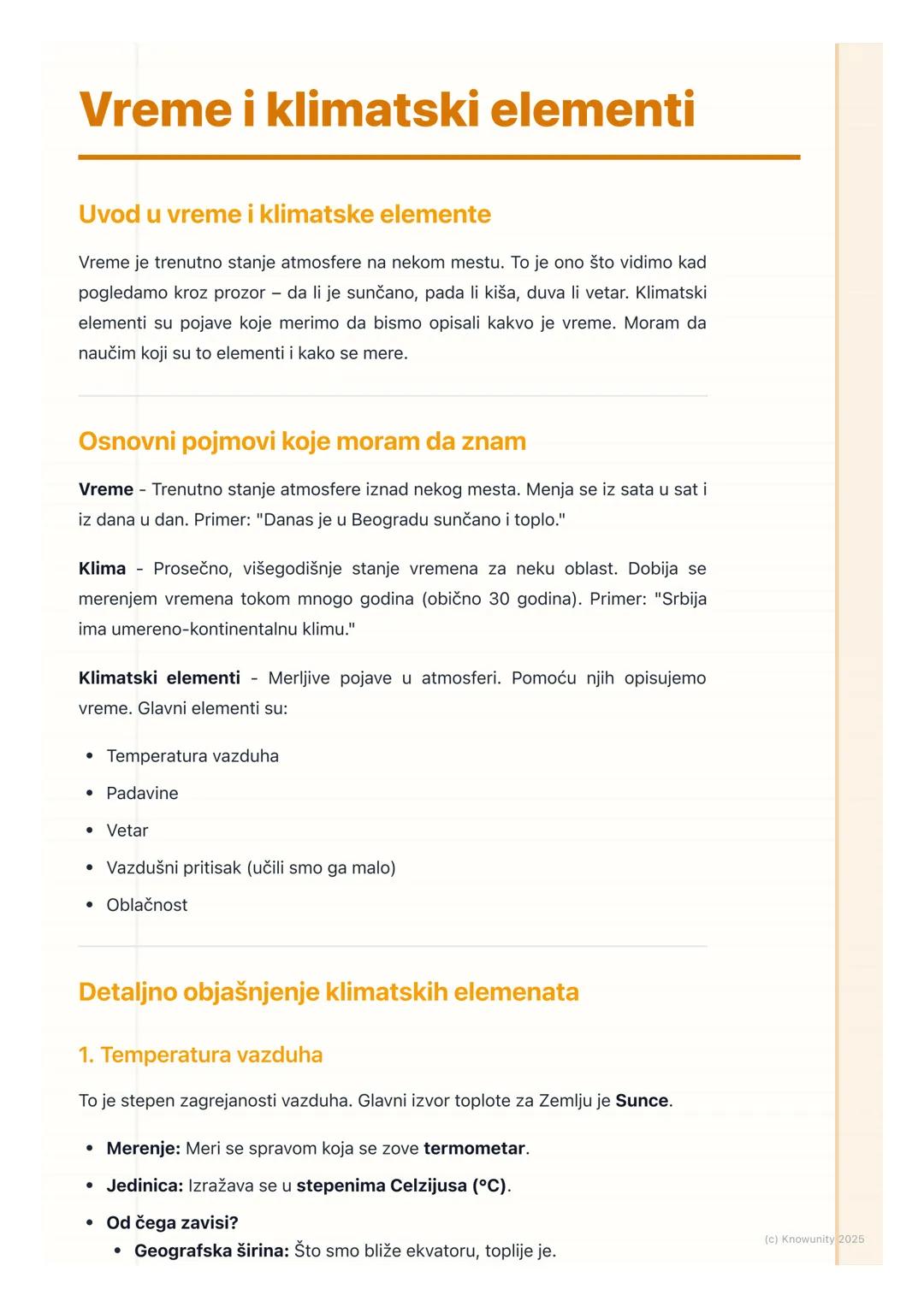 # Vreme i klimatski elementi

Uvod u vreme i klimatske elemente

Vreme je trenutno stanje atmosfere na nekom mestu. To je ono što vidimo kad