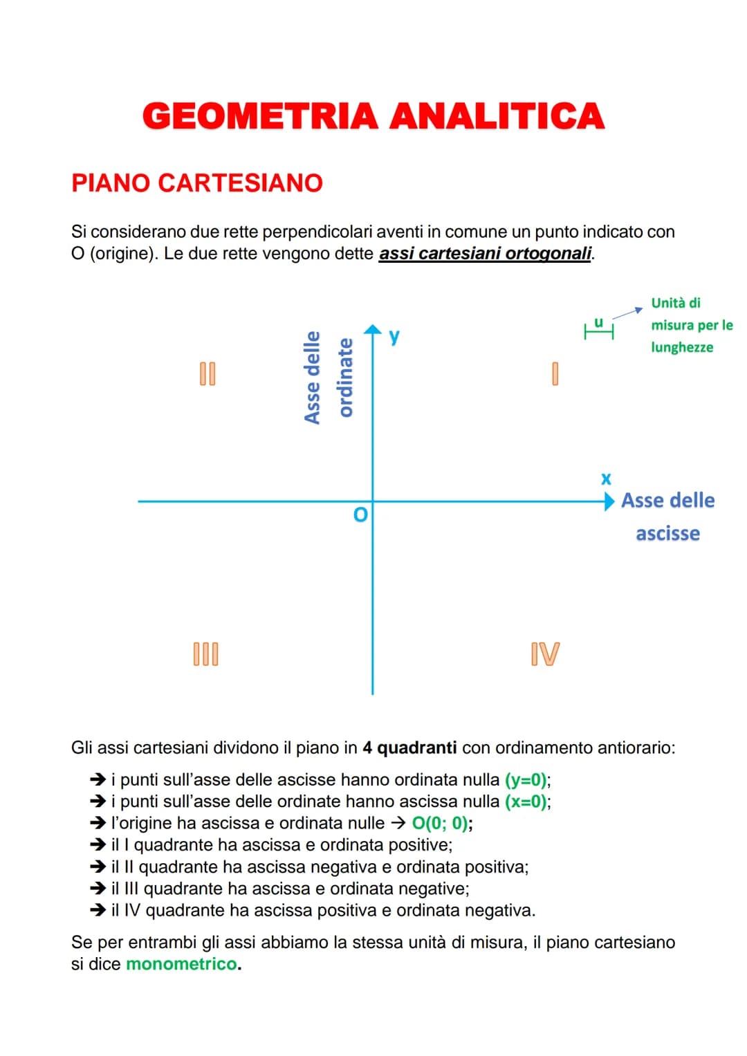 GEOMETRIA ANALITICA
PIANO CARTESIANO
Si considerano due rette perpendicolari aventi in comune un punto indicato con
O (origine). Le due rett