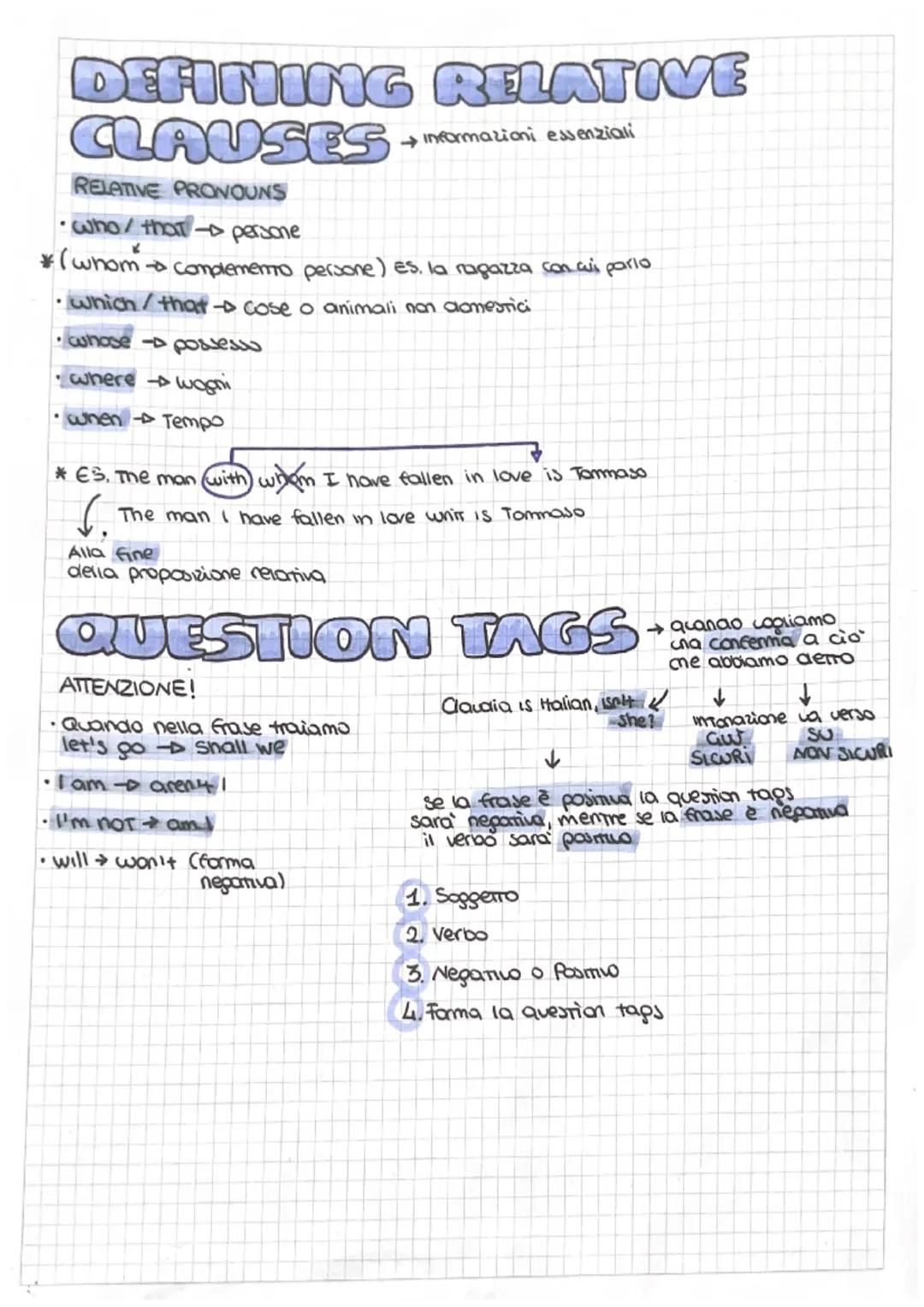 DEFINING RELATIVE
CLAUSES
-> Informazioni essenziali
RELATIVE PRONOUNS
•Who / that persone
(whom complemento persone) es. la ragazza con wis