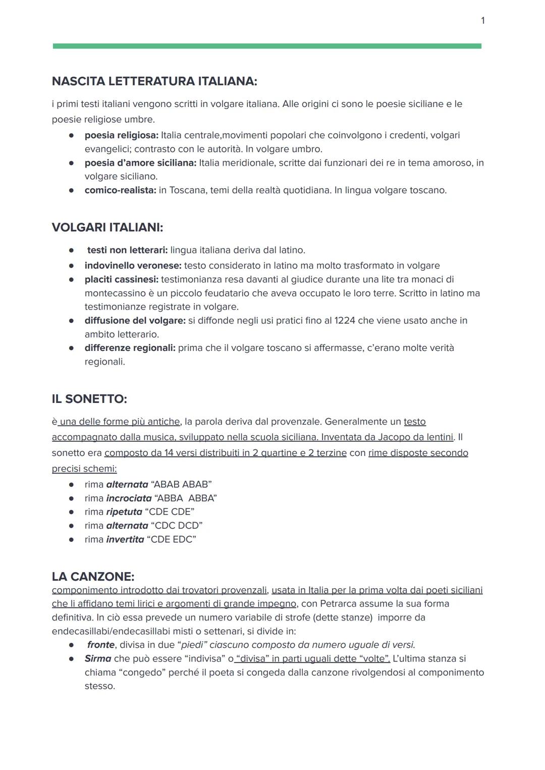 NASCITA LETTERATURA ITALIANA:
i primi testi italiani vengono scritti in volgare italiana. Alle origini ci sono le poesie siciliane e le
poes
