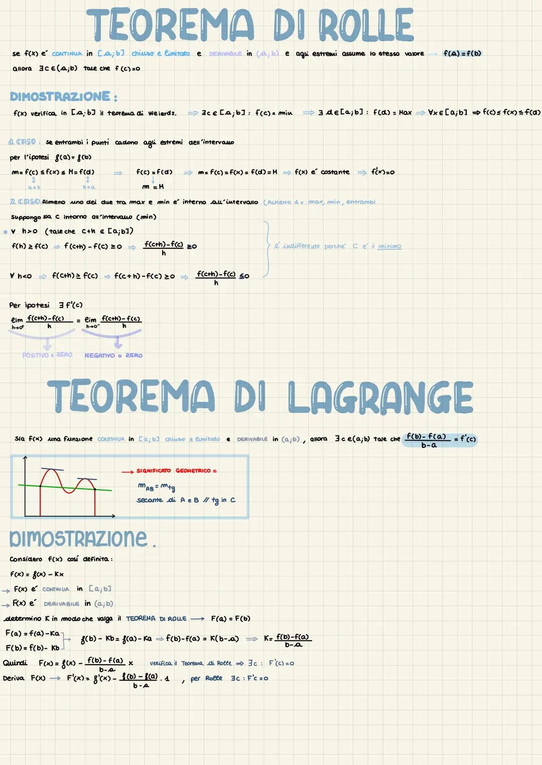 # TEOREMA DI ROLLE

se f(x) e CONTINUA in [a, b] chiuso e limitato e DERABLE in (a,b) e aqui estremi assume lo stesso valore $f(a) = f(b)$
a