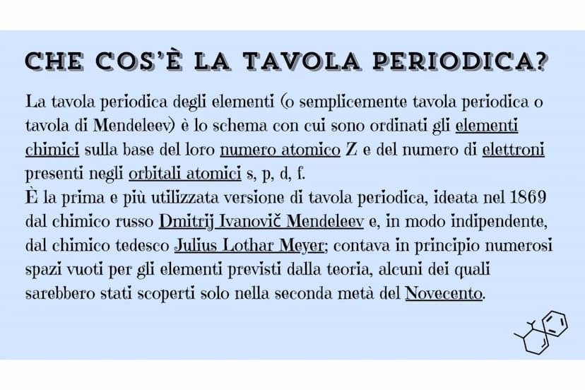 Fe
LA TAVOLA
PERIODICA
Di Beatrice Di Zillo CHE COS'È LA TAVOLA PERIODICA?
La tavola periodica degli elementi (o semplicemente tavola period