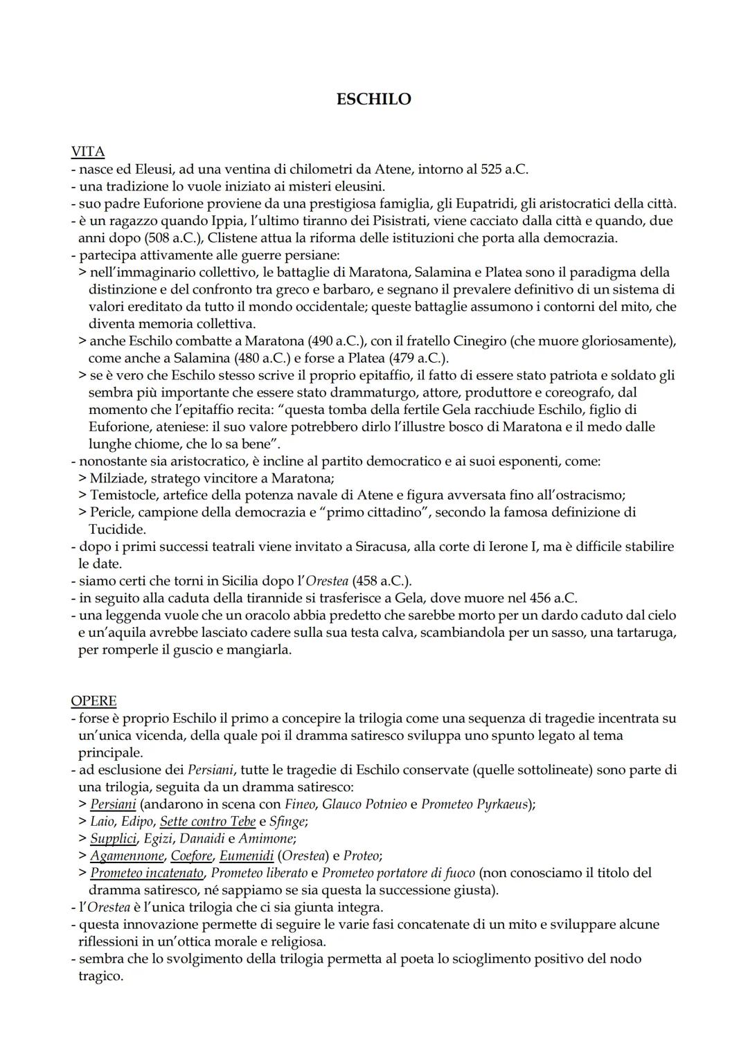 ESCHILO
VITA
- nasce ed Eleusi, ad una ventina di chilometri da Atene, intorno al 525 a.C.
- una tradizione lo vuole iniziato ai misteri ele