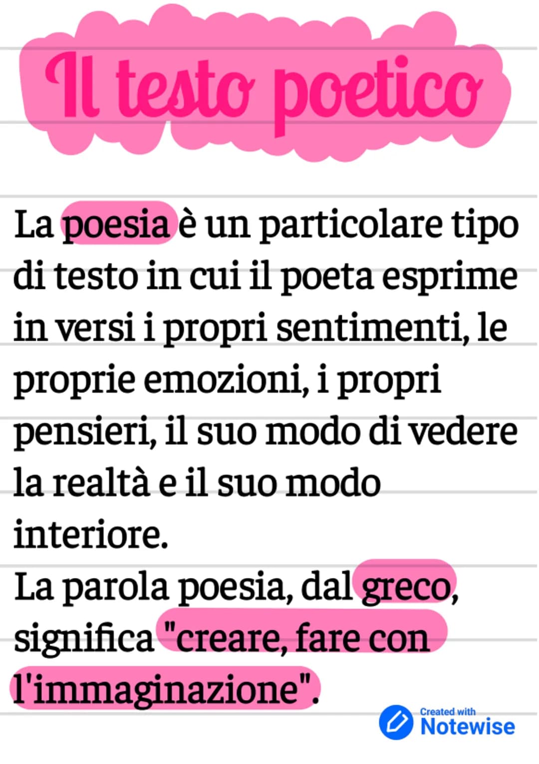 Il testo poetico
La poesia è un particolare tipo
di testo in cui il poeta esprime
in versi i propri sentimenti, le
proprie emozioni, i propr