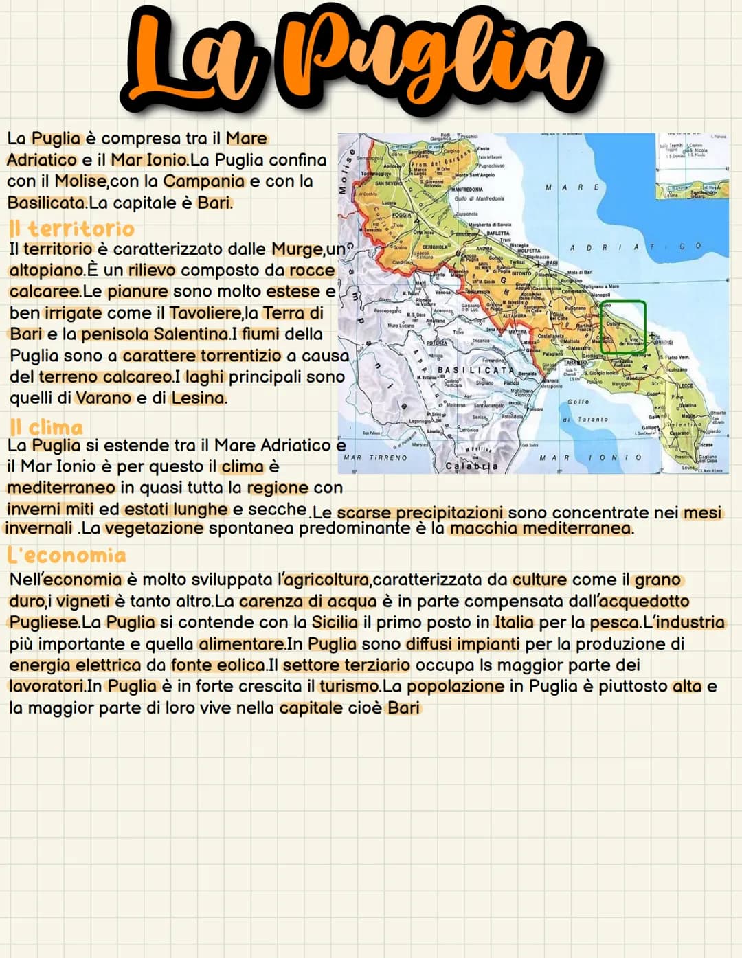 La Puglia
La Puglia è compresa tra il Mare
Adriatico e il Mar Ionio. La Puglia confina
con il Molise,con la Campania e con la
Basilicata. La