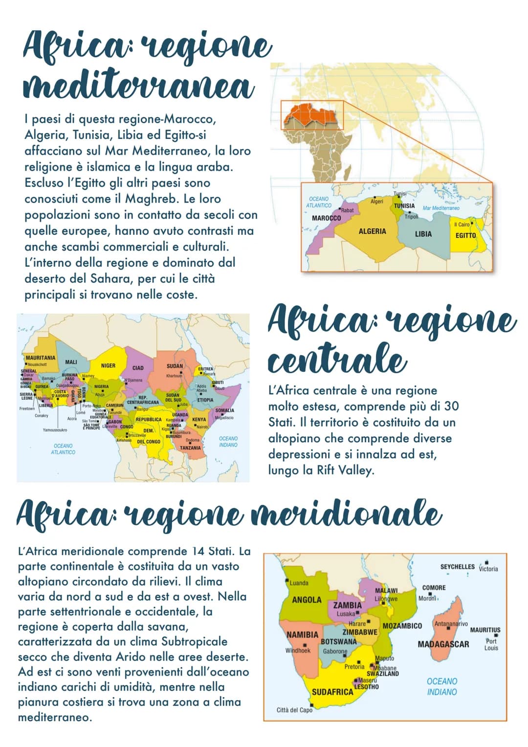 L'Africa
Coste basse e poco articolate
L'Africa si affaccia al nord sul Mediterraneo, a nord-est
sul Mar Rosso, a sud-est con l'oceano india