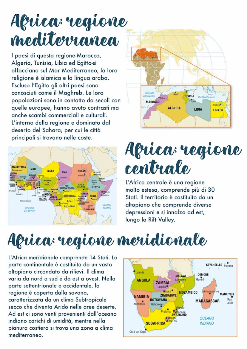 L'Africa
Coste basse e poco articolate
L'Africa si affaccia al nord sul Mediterraneo, a nord-est
sul Mar Rosso, a sud-est con l'oceano india