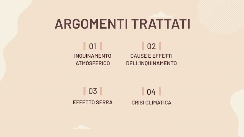 INQUINAMENTO
ATMOSFERICO
Effetto serra e
surriscaldamento globale ARGOMENTI TRATTATI
| 01 |
INQUINAMENTO
ATMOSFERICO
03
EFFETTO SERRA
| 02 |