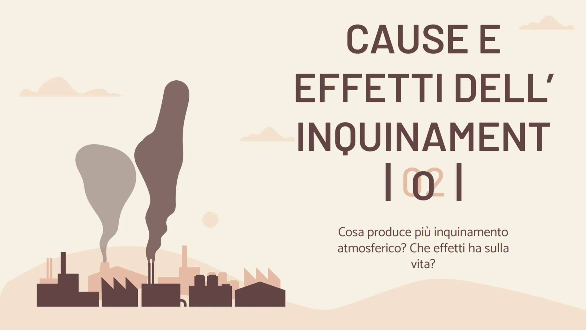 INQUINAMENTO
ATMOSFERICO
Effetto serra e
surriscaldamento globale ARGOMENTI TRATTATI
| 01 |
INQUINAMENTO
ATMOSFERICO
03
EFFETTO SERRA
| 02 |