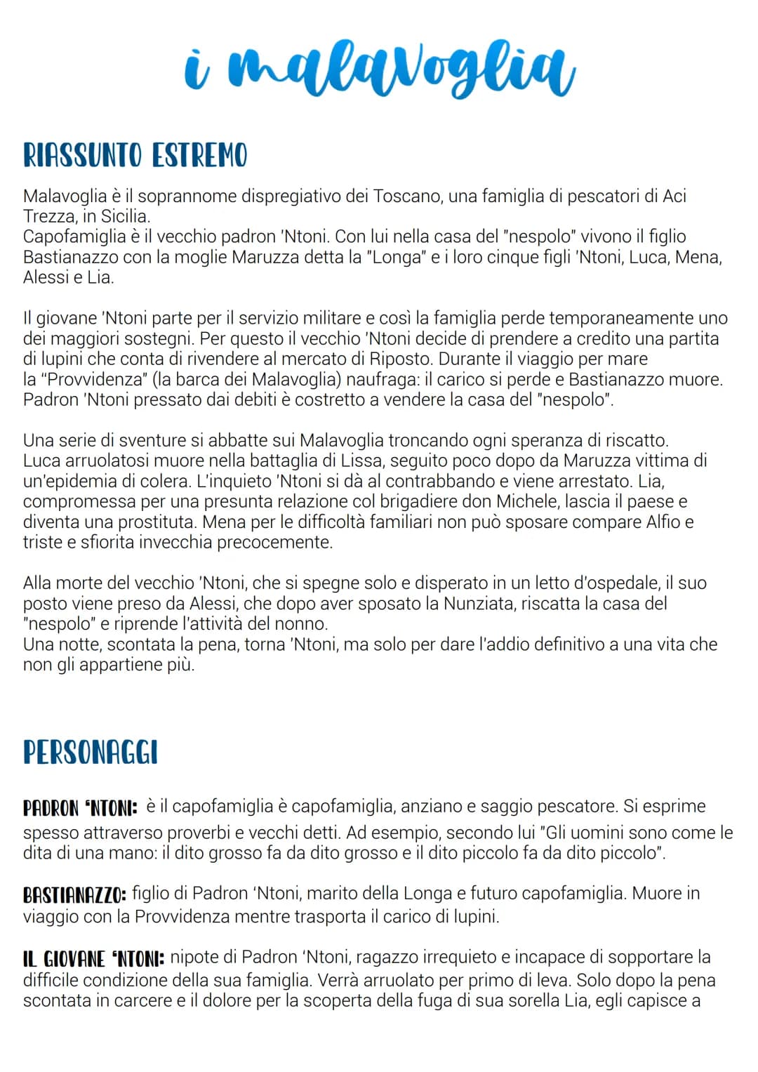 i mala voglia
RIASSUNTO ESTREMO
Malavoglia è il soprannome dispregiativo dei Toscano, una famiglia di pescatori di Aci
Trezza, in Sicilia.
C