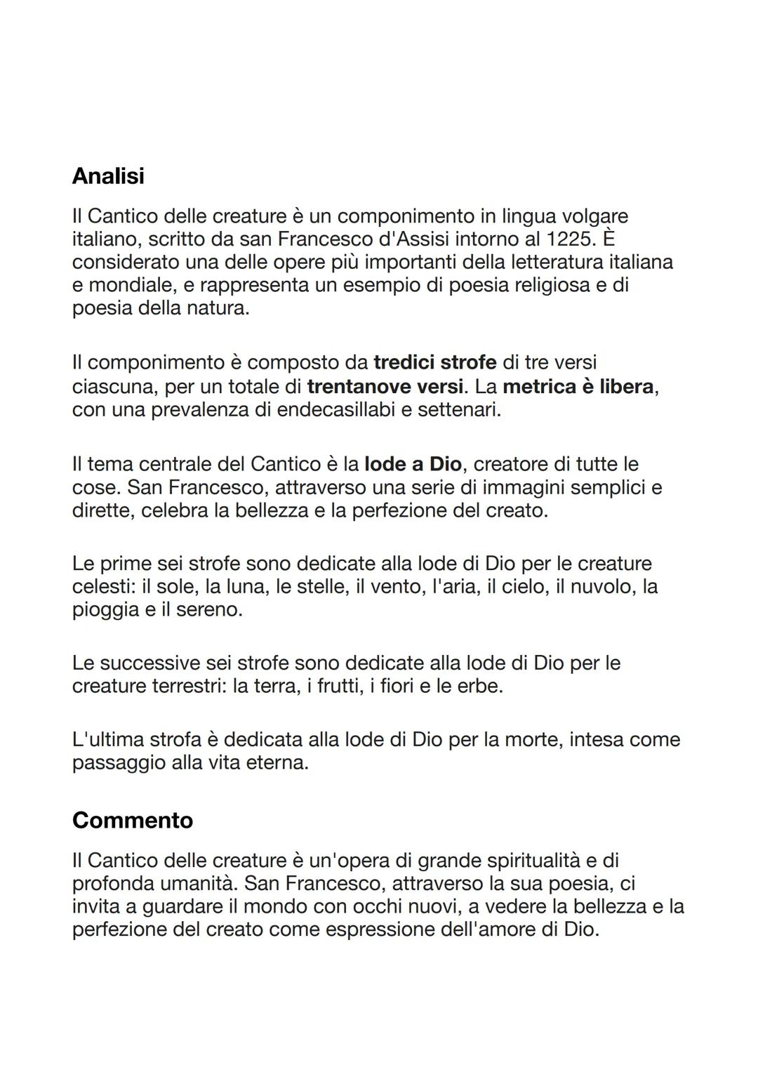 CANTICO DELLE CREATURE
Parafrasi
**Lodato sii, mio Signore, con tutte le tue creature,
soprattutto frate Sole,
che è il giorno e porta la lu