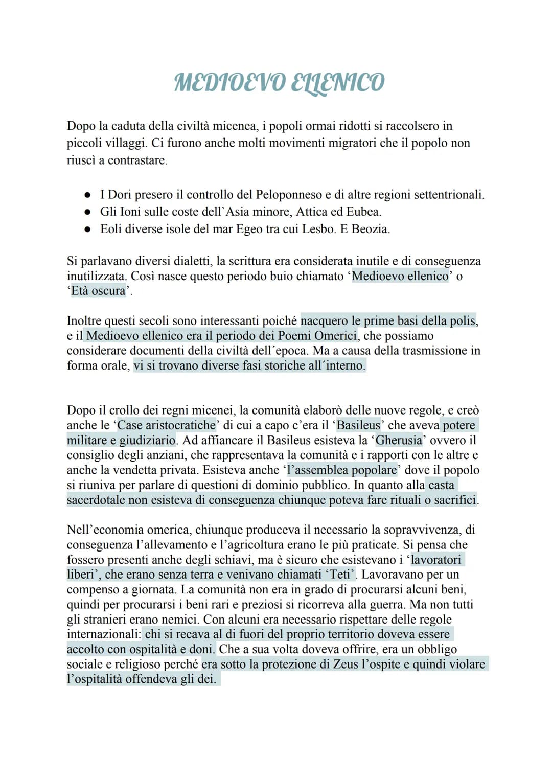 MEDIOEVO ELLENICO
Dopo la caduta della civiltà micenea, i popoli ormai ridotti si raccolsero in
piccoli villaggi. Ci furono anche molti movi