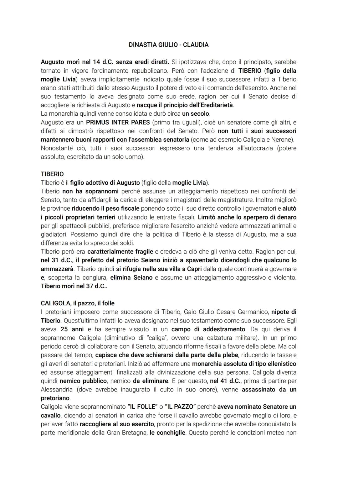DINASTIA GIULIO - CLAUDIA
Augusto morì nel 14 d.C. senza eredi diretti. Si ipotizzava che, dopo il principato, sarebbe
tornato in vigore l'o