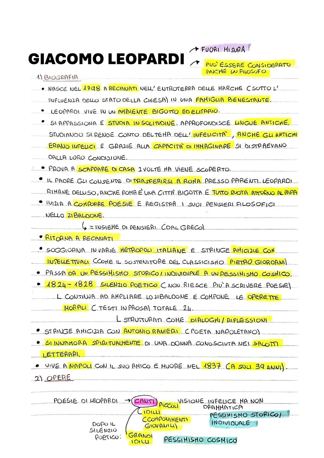 # GIACOMO LEOPARDI

FUORI MISURA
PUÒ ESSERE CONSIDERATO
ANCHE IN FILOSOFO.

1) BIOGRAFIA

*   NASCE NEL 1798 A RECANATI NELL' ENTROTERRA DEL